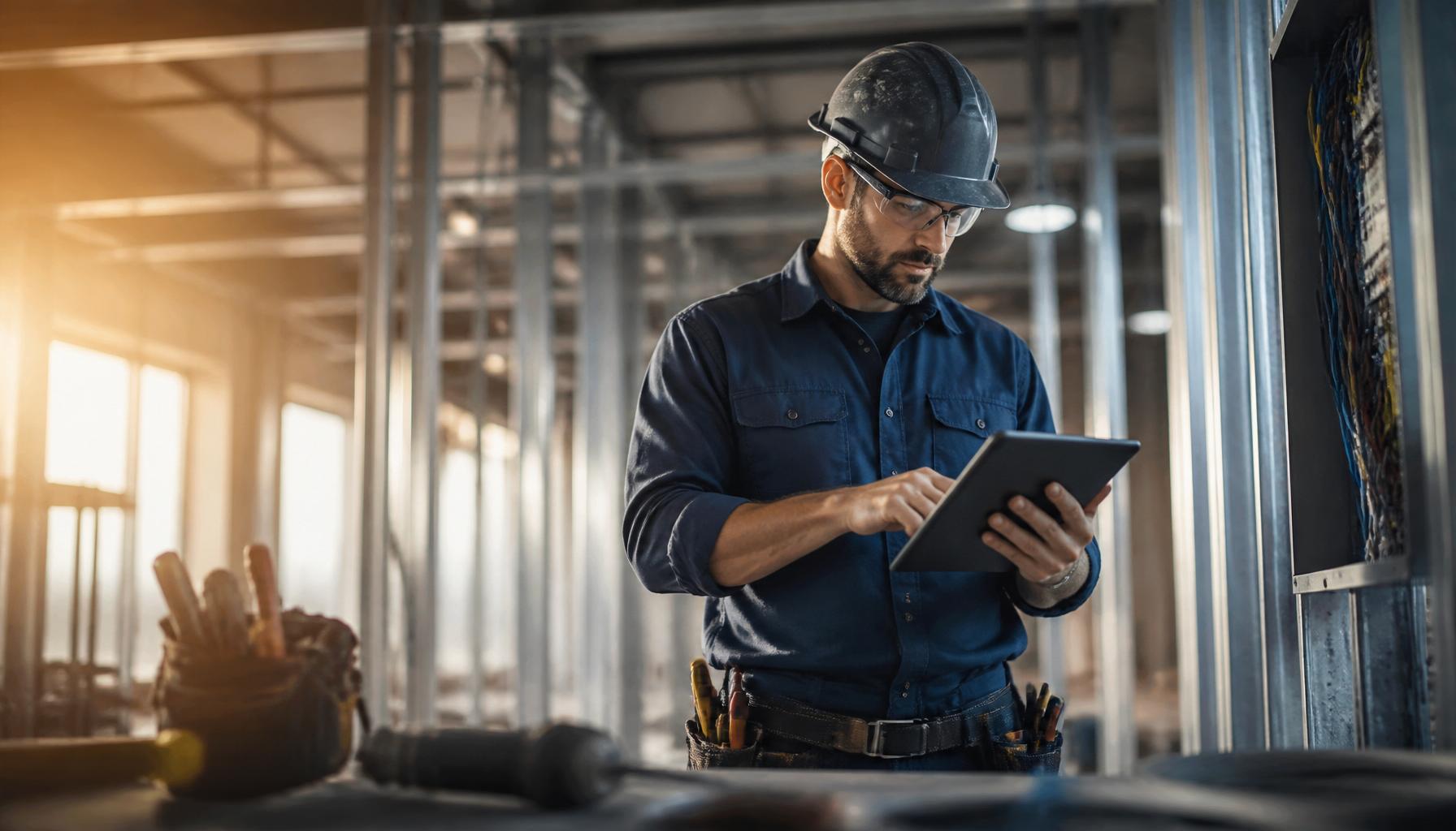 Betriebsleiter auf der Baustelle mit Tablet.