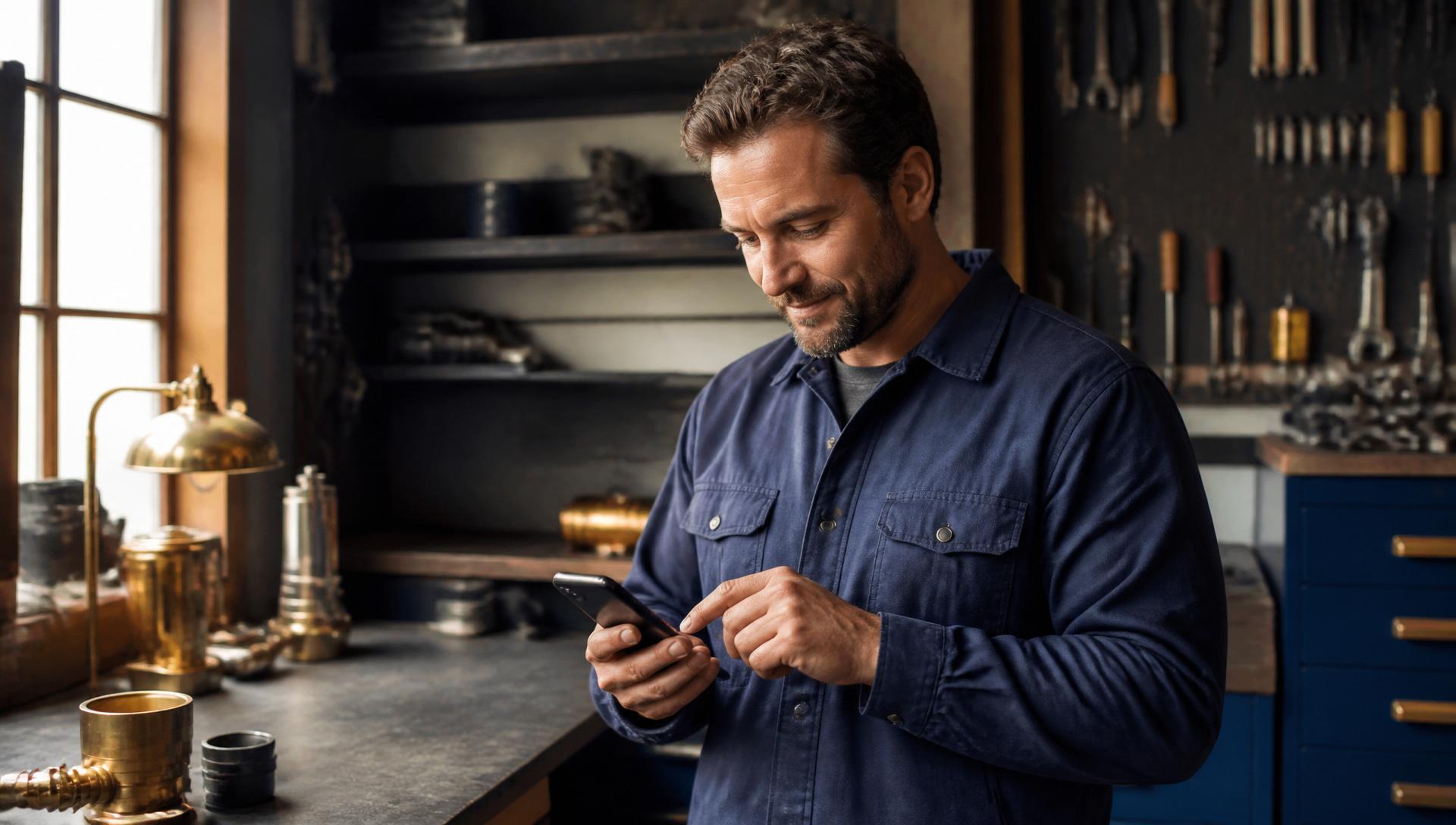 Handwerker prüft Auftrag auf dem Smartphone.
