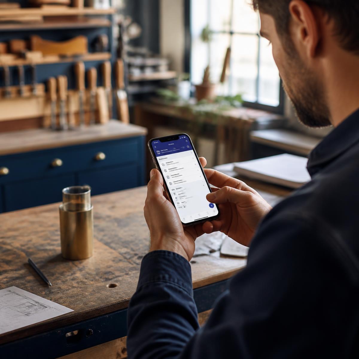 Mittelständler mit Smartphone an der Werkbank.